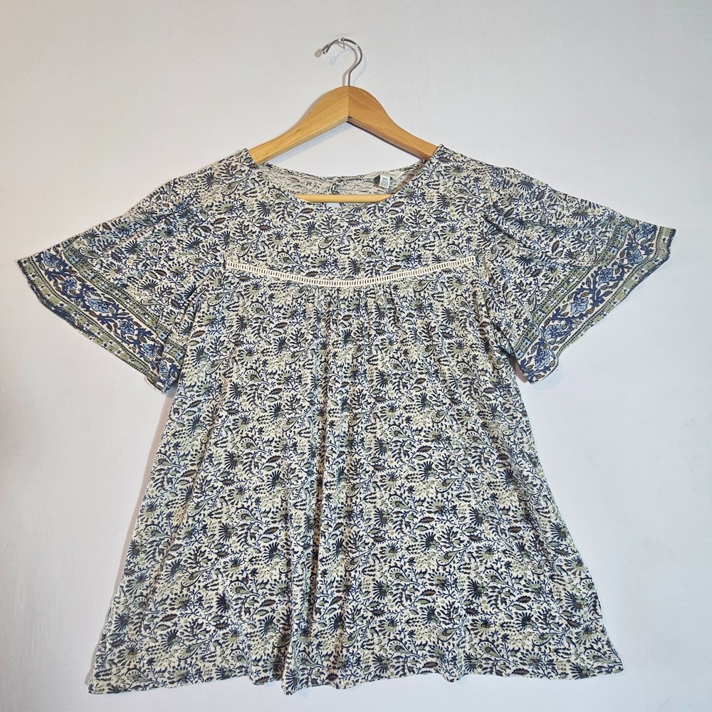 Lucky Brand Peasant Blouse Women Medium Multicolor Botanical Boho Flutter Sleeve - Picture 2 of 7